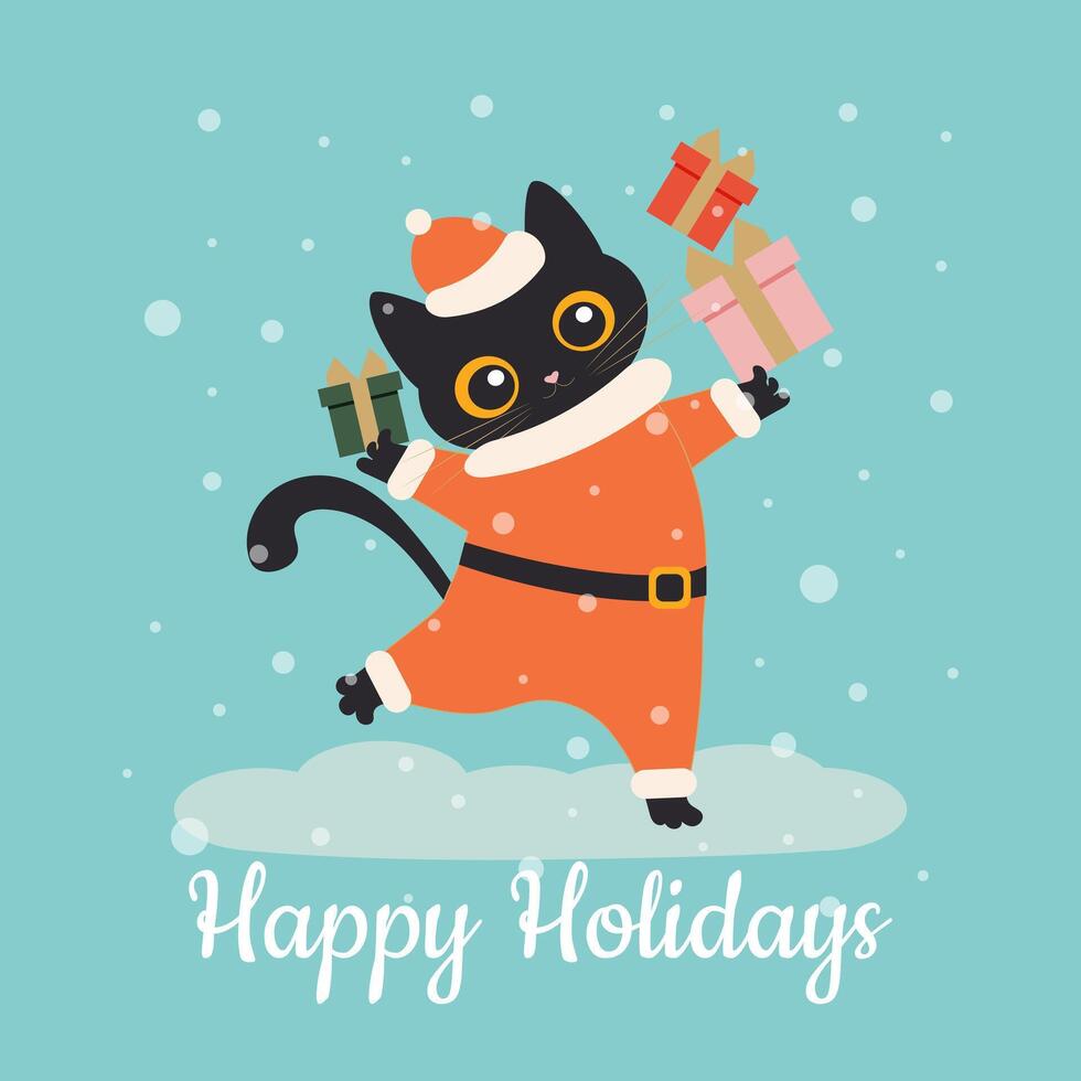 Black cute cat dressed as Santa Claus juggles with gift boxes and dances under the snowfall, isolated on a light blue background. Vector. vector