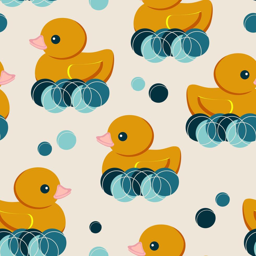 A yellow cute duckling floats on the sea waves forming a seamless pattern. Holiday National Rubber Duck Day. Vector. vector
