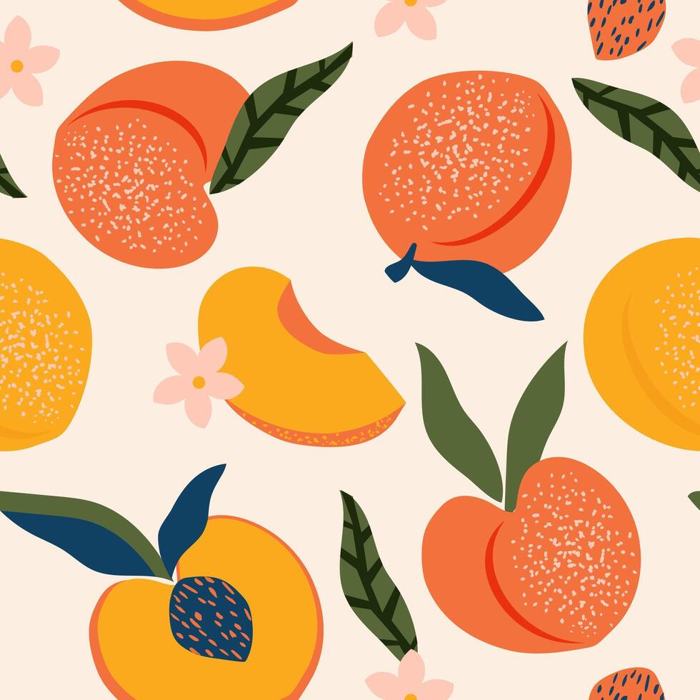 Peach fruit seamless pattern. Summer tropical vibe with pink background for fabrics, textiles. Vector. vector