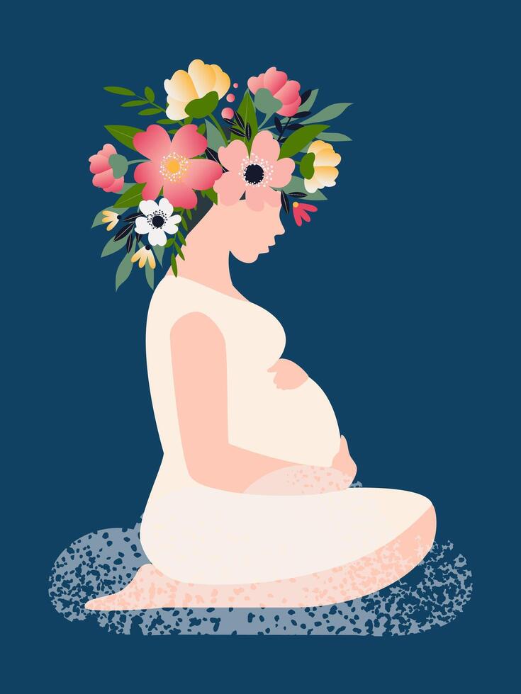 Pregnant beautiful young woman with flowers on her head sits sideways on air clouds for Mother's Day, happy motherhood. Vector. vector