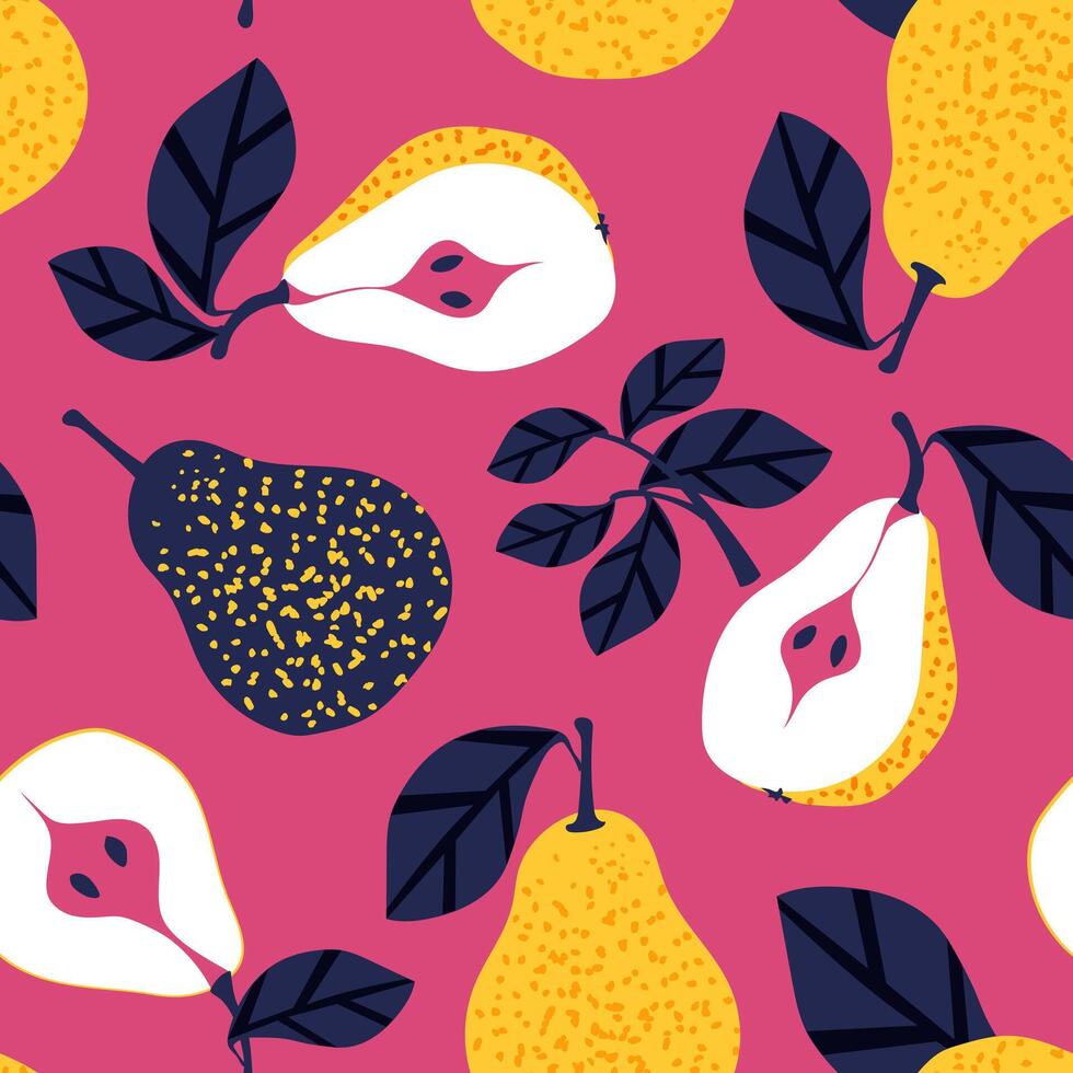 Juicy yellow pears. A summer tropical vibe with fruits creates a seamless pattern for modern fabrics and textiles with a bright purplish pink fuchsia backdrop. Vector. vector