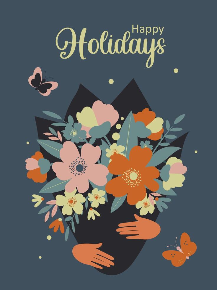 Bouquet of spring flowers in hands with butterflies. Festive contemporary March card. Vector. vector