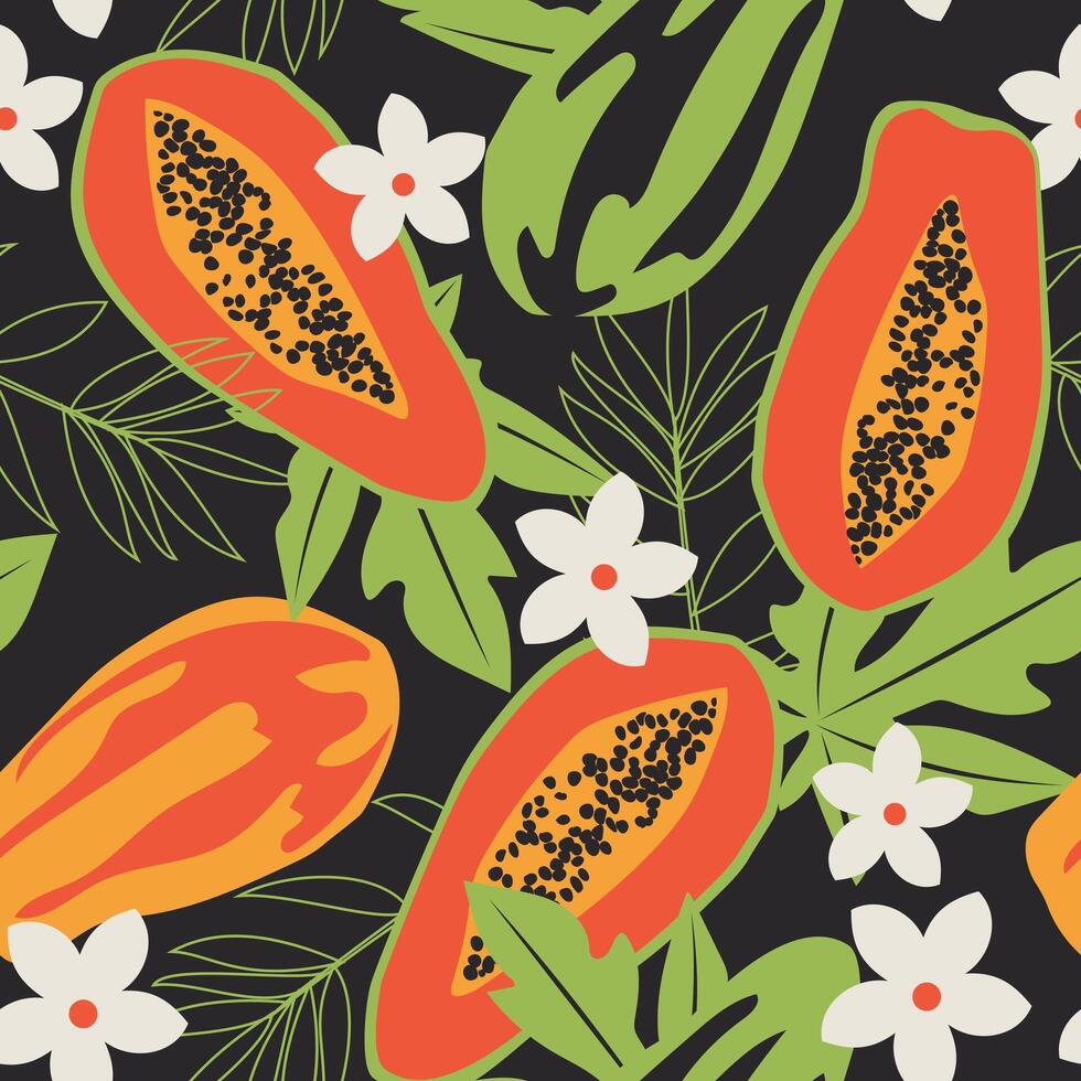 Papaya with leaves seamless pattern on black background. Hawaiian fruits for fashion fabrics, textiles, decorative pillows. Vector. vector