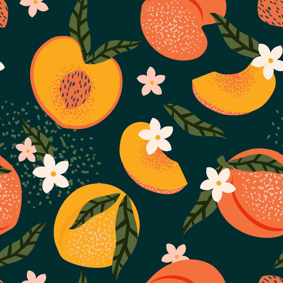 Juicy ripe peaches and apricots on a blue background. Summer tropical vibe with fruit slices and flowers seamless pattern for modern fabrics and textiles. Vector. vector