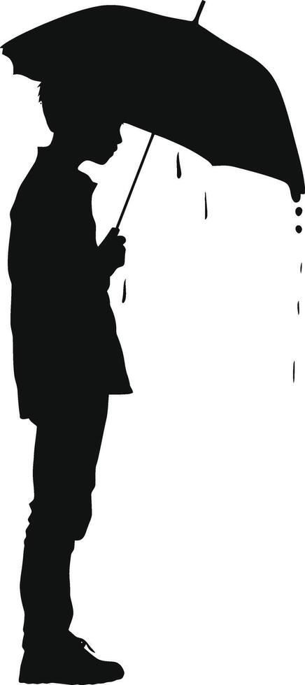 AI generated Silhouette boy with umbrella during drizzle black color only vector