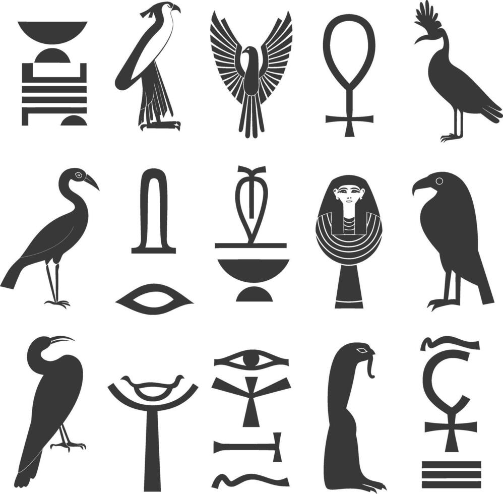 ai generado silueta colección de antiguo egipcio jeroglíficos símbolo logo negro color solamente vector