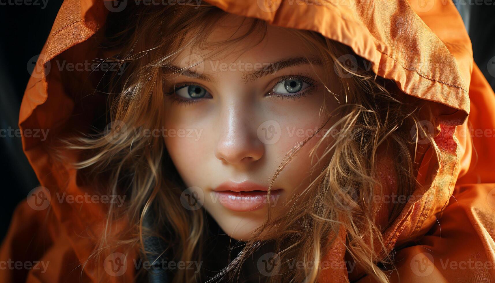 AI generated A beautiful young woman with long blond hair looking at camera generated by AI photo