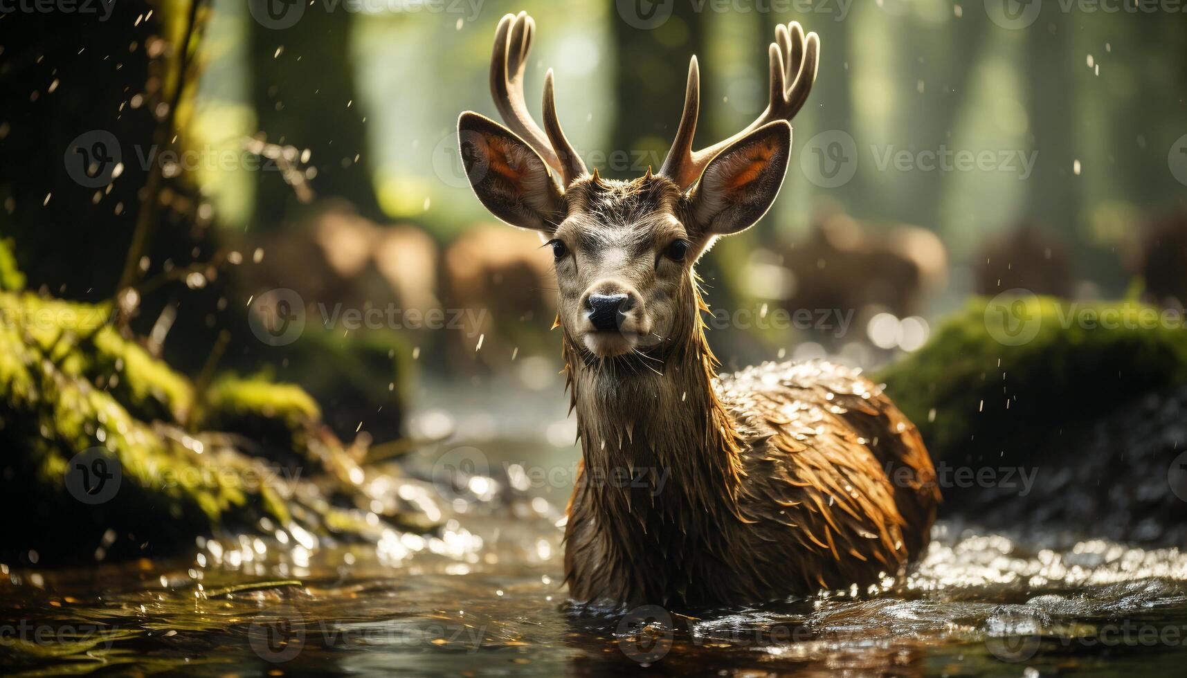 AI generated A beautiful stag in the forest, looking at the camera generated by AI photo