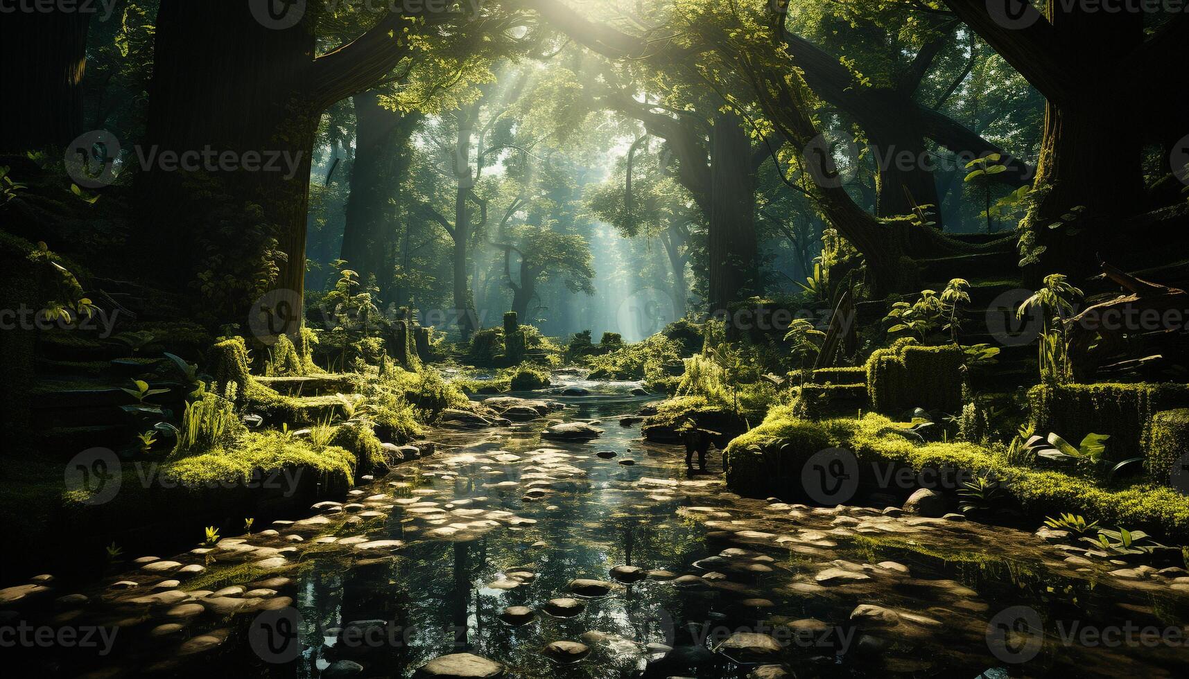 AI generated Tranquil scene  green forest, wet leaf, mysterious tree, tranquil pond generated by AI photo
