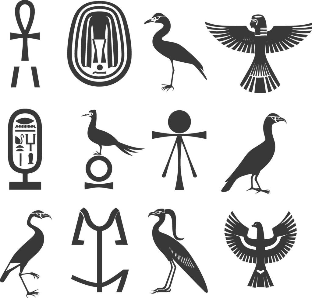 AI generated Silhouette collection of ancient egyptian hieroglyphs symbol logo black color only vector