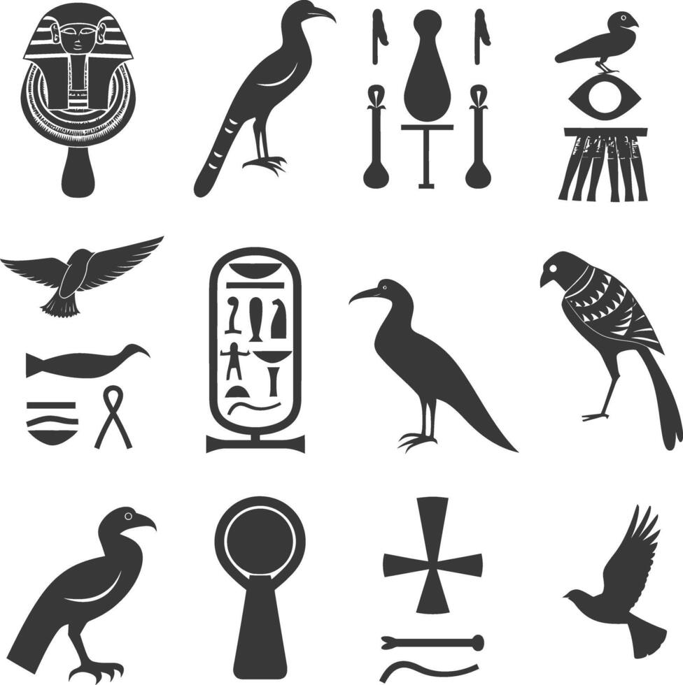 AI generated Silhouette collection of ancient egyptian hieroglyphs symbol logo black color only vector