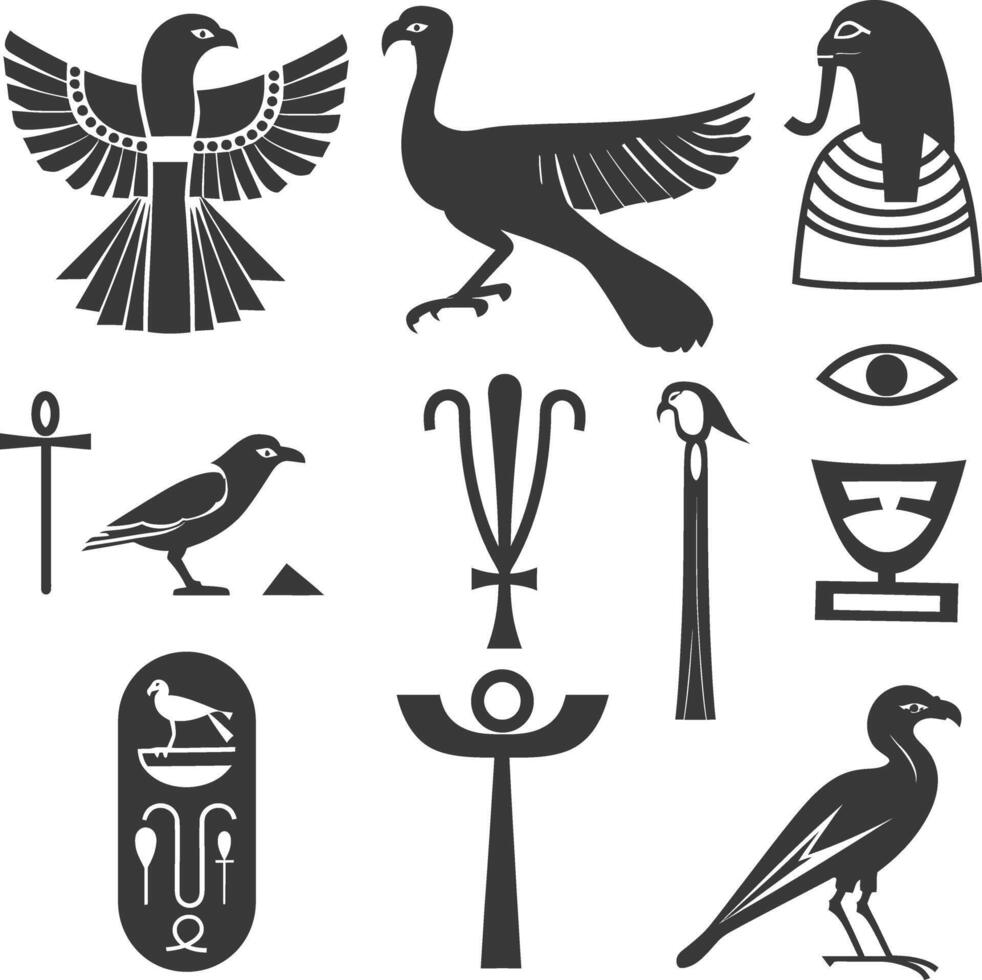 AI generated Silhouette collection of ancient egyptian hieroglyphs symbol logo black color only vector