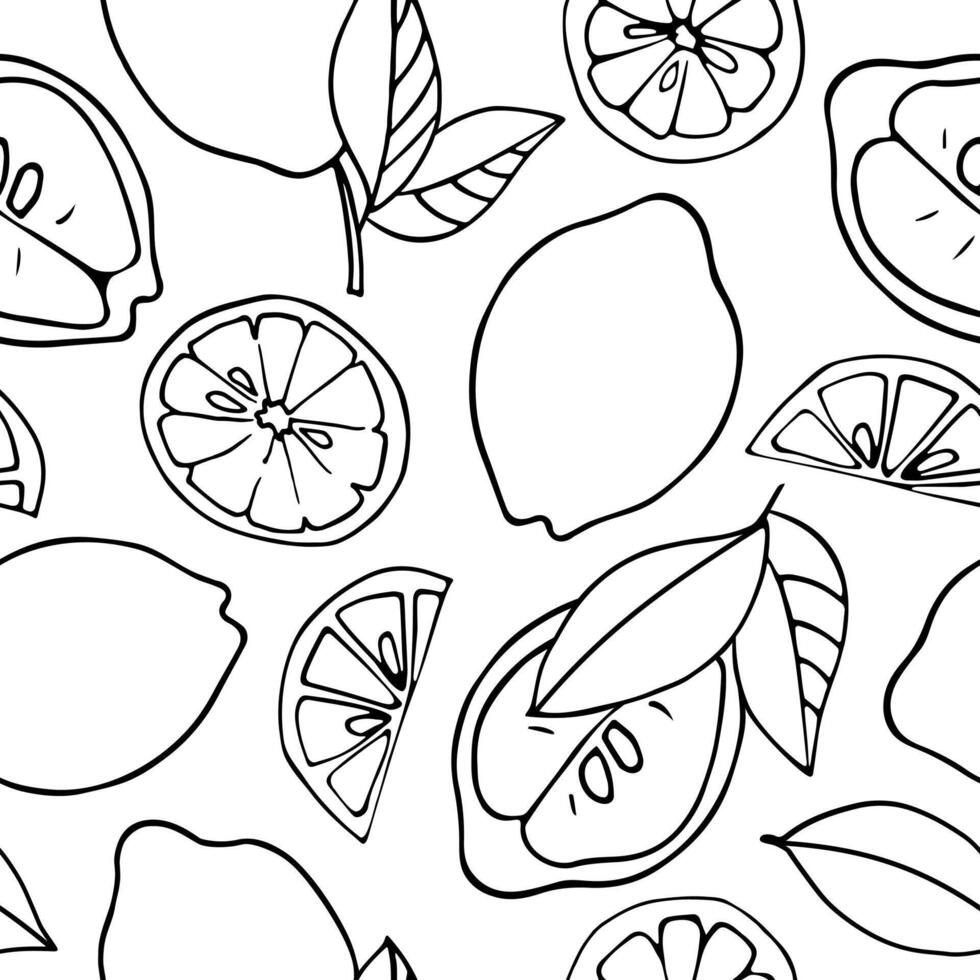 Seamless vector pattern with lemons on a white background. Doodle fruits. For wallpaper, wrapping paper, textile, postcards, web page background, interior decor, menu. Cartoon design.