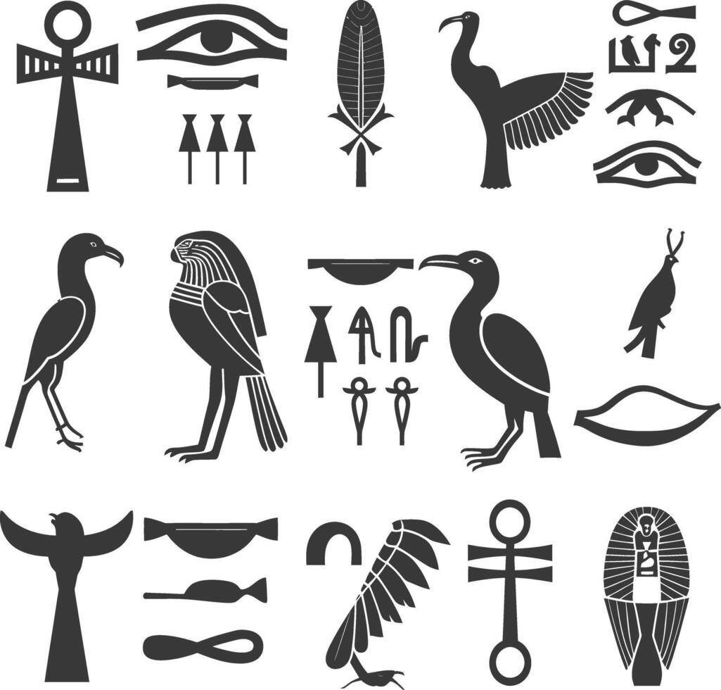 AI generated Silhouette collection of ancient egyptian hieroglyphs symbol logo black color only vector