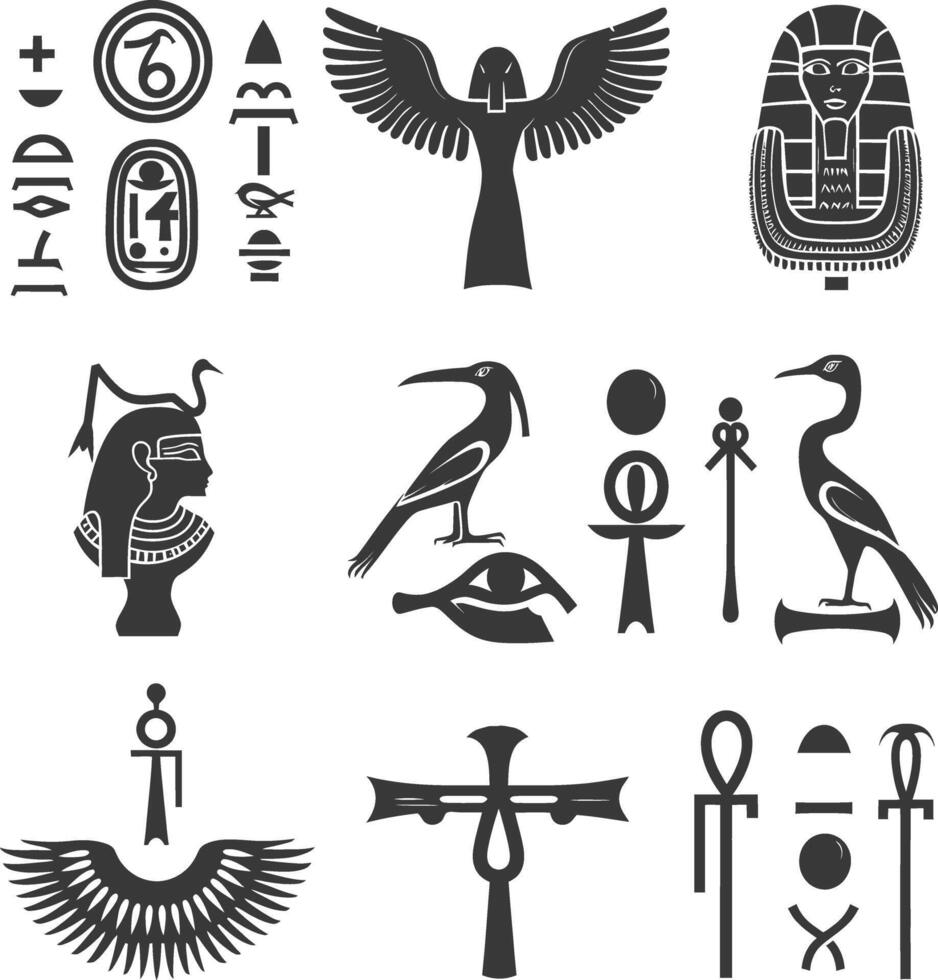 AI generated Silhouette collection of ancient egyptian hieroglyphs symbol logo black color only vector