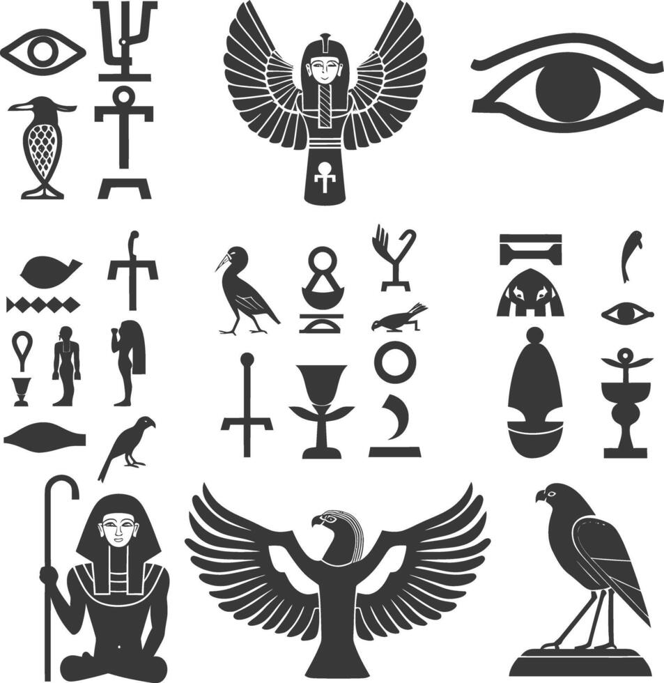 AI generated Silhouette collection of ancient egyptian hieroglyphs symbol logo black color only vector