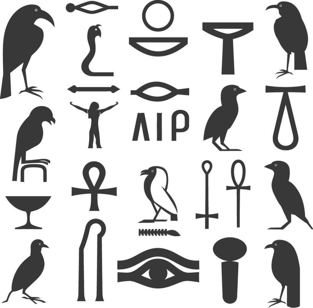AI generated Silhouette collection of ancient egyptian hieroglyphs symbol logo black color only vector