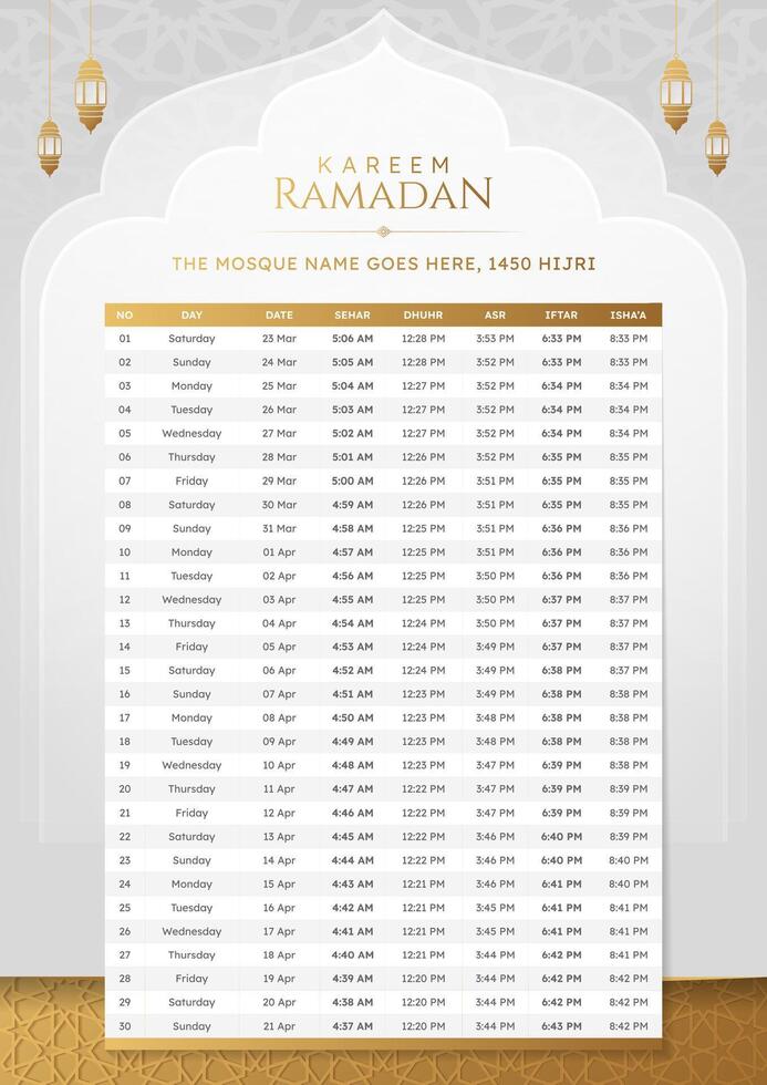 Ramadan Kareem Hijri Islamic Monthly Calendar Template Design vector