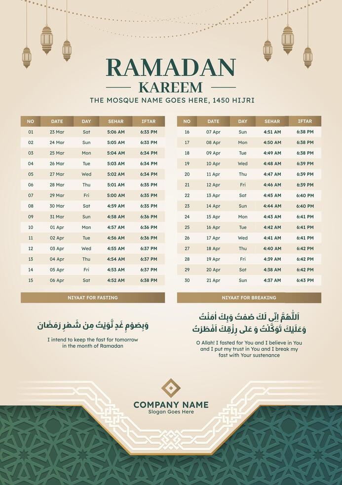 Ramadan Kareem Hijri Islamic Monthly Calendar Template Design vector