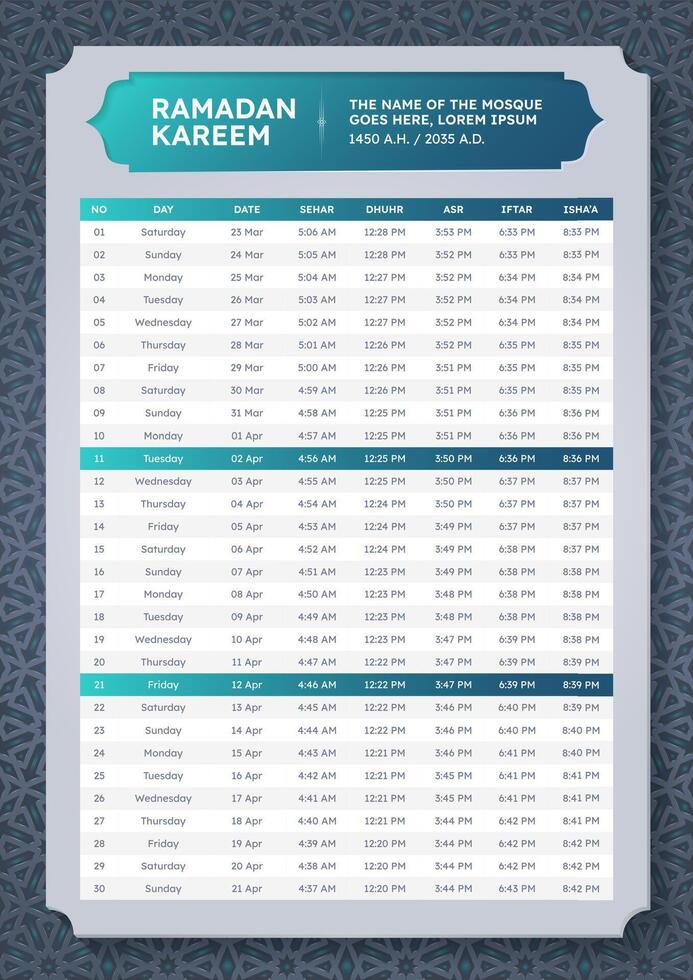 Ramadan Kareem Hijri Islamic Arabic Calendar Template Design vector