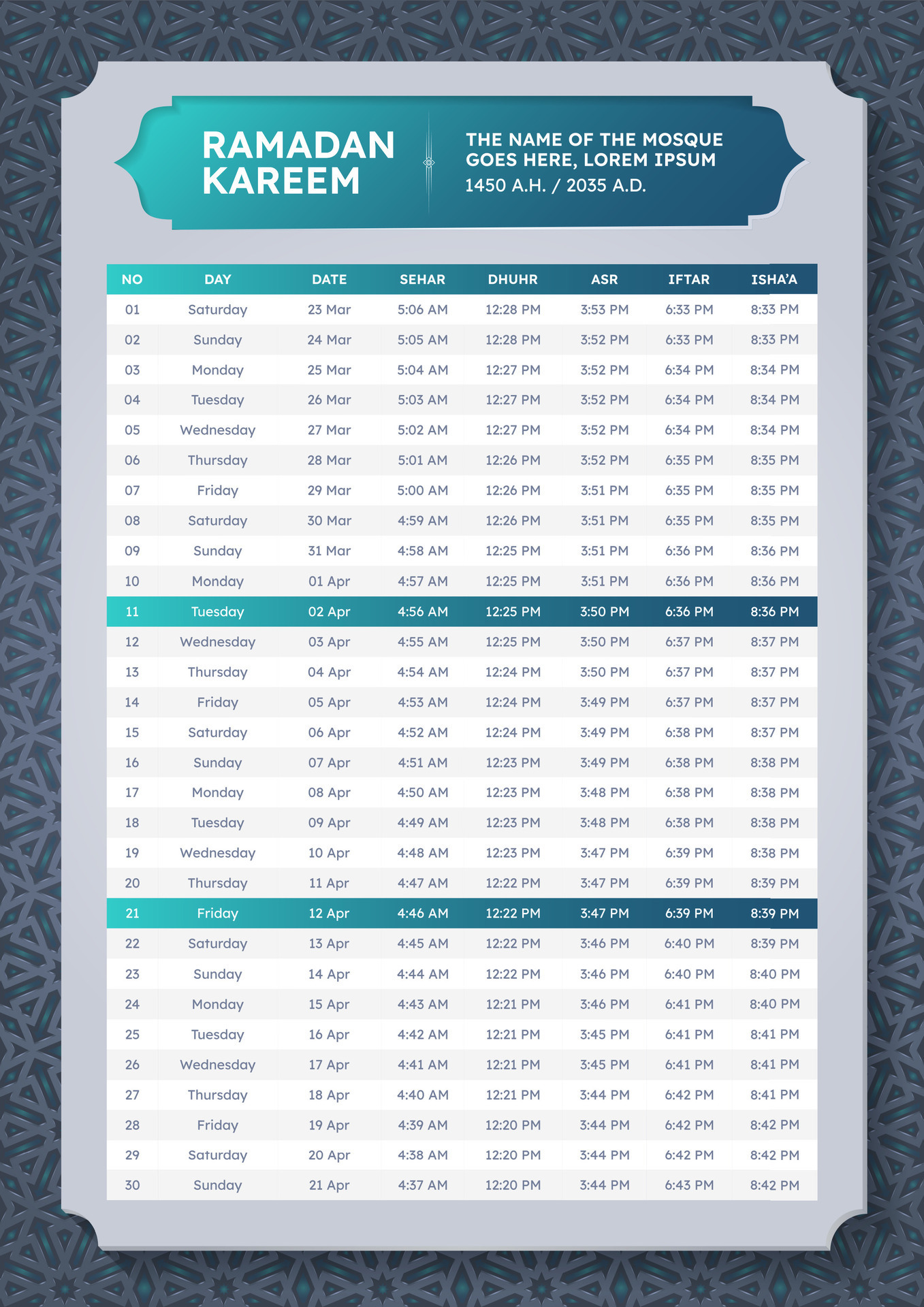 Ramadan Kareem Hijri Islamic Arabic Calendar Template Design 40557901