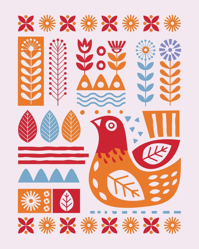 Scandianvian traditional folk art ornament vector design with flowers and birds