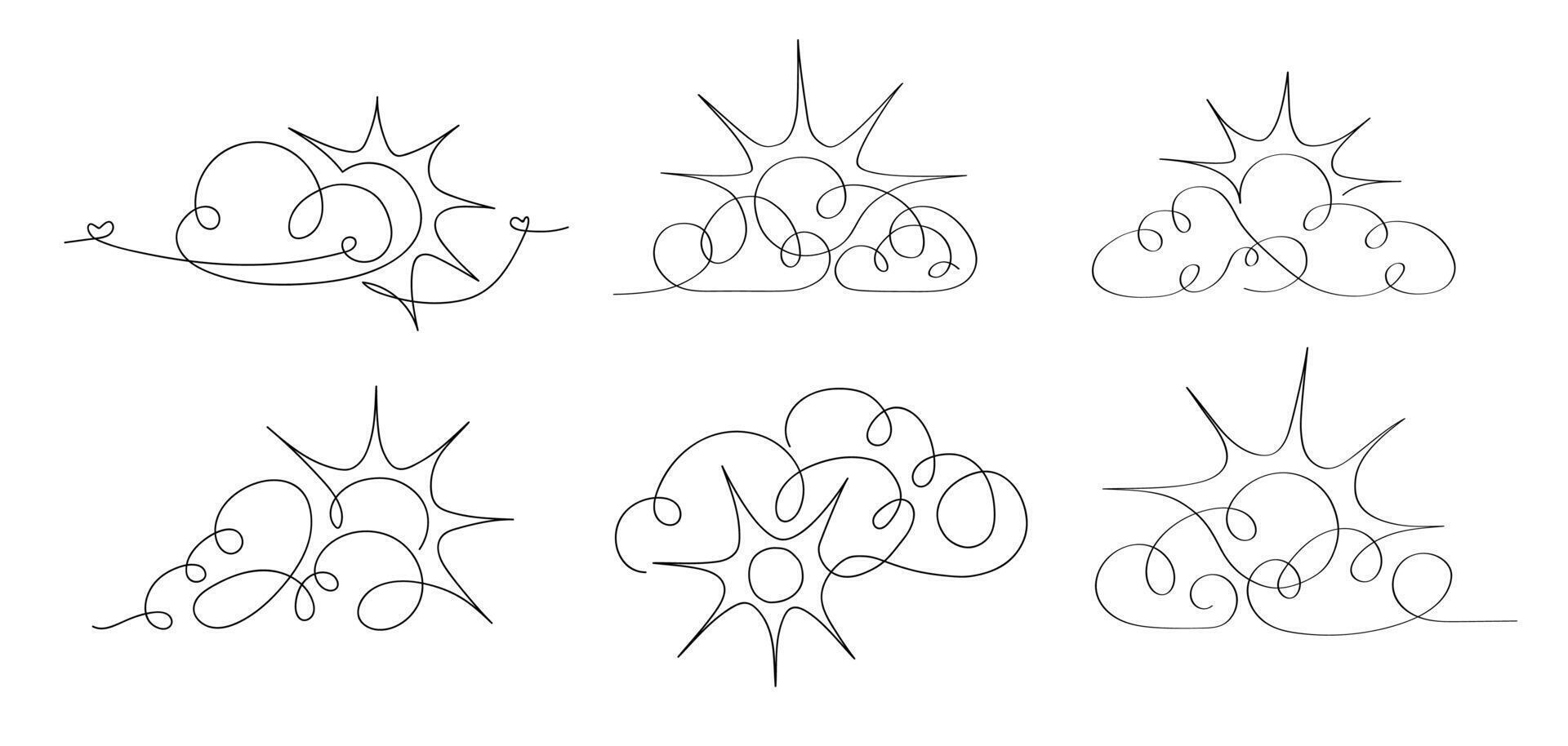 Continuous line sun and cloud vector set isolated