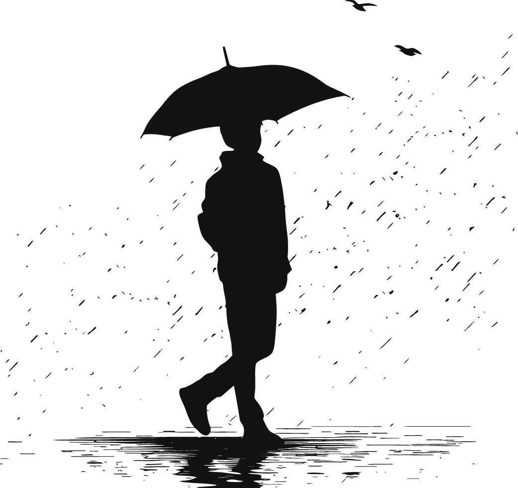 AI generated Silhouette boy or man with umbrella during drizzle black color only vector