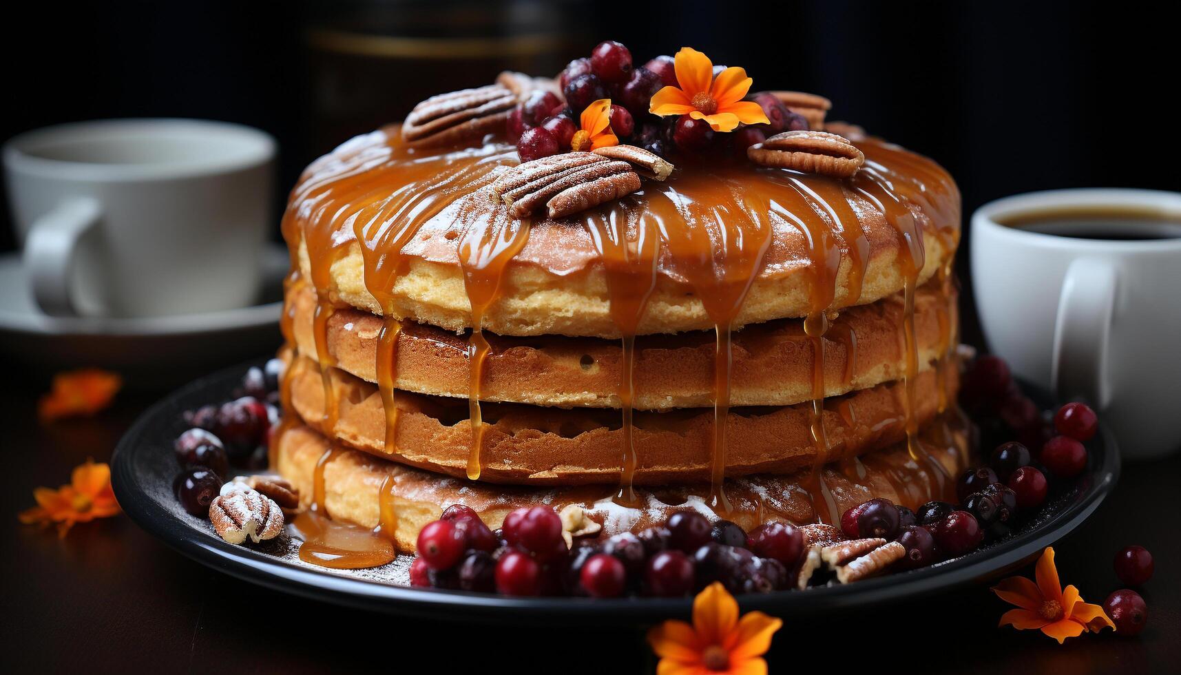 AI generated Freshness and sweetness on a plate, homemade pancake with fruit generated by AI photo
