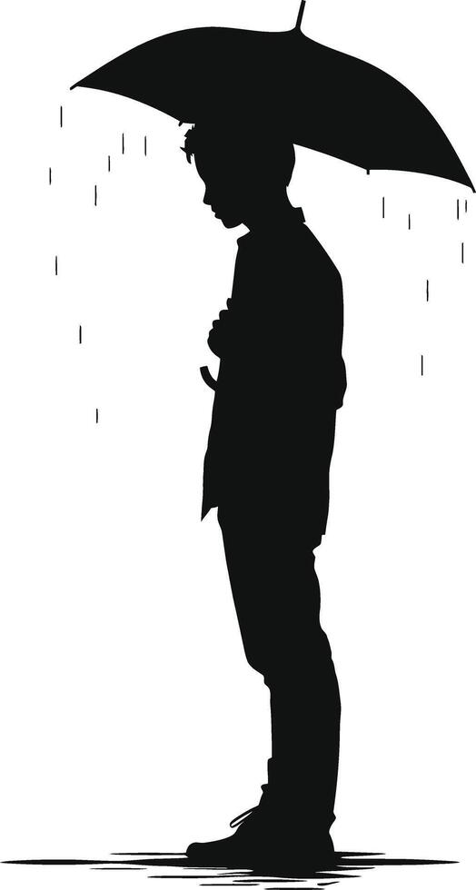 AI generated Silhouette boy with umbrella during drizzle black color only vector