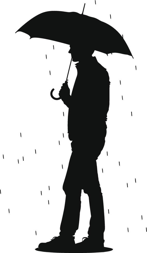 AI generated Silhouette boy or man with umbrella during drizzle black color only vector