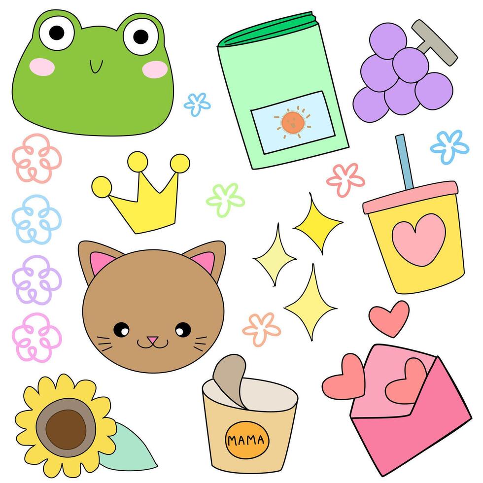 Cute cat, flowers, sweets and other elements. Vector illustration.