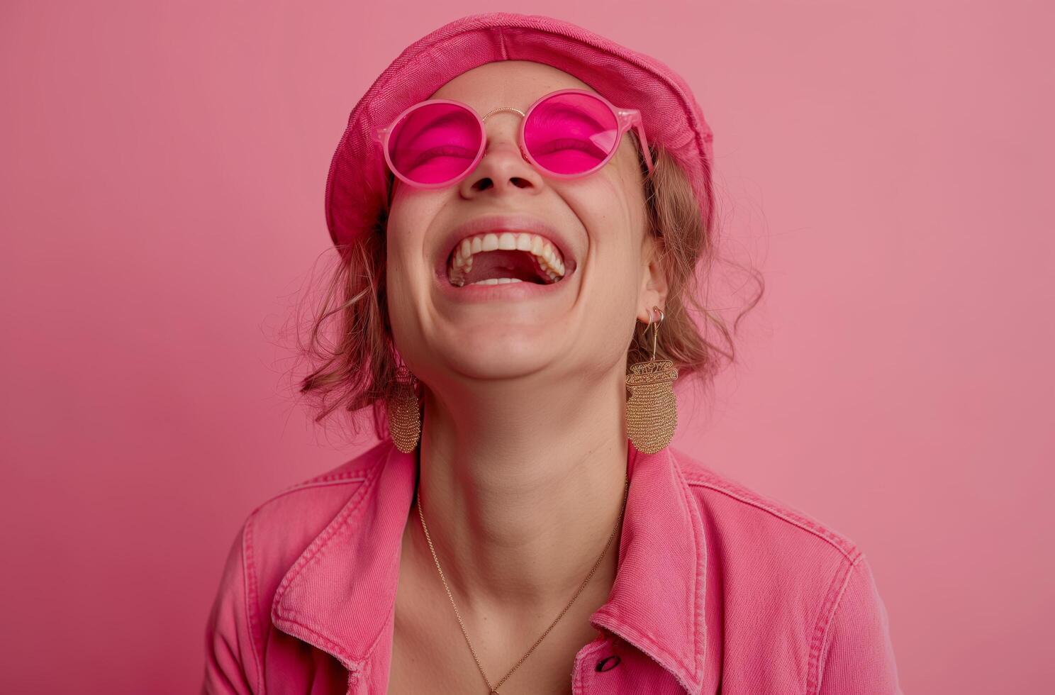 AI generated Woman laughing in pink photo