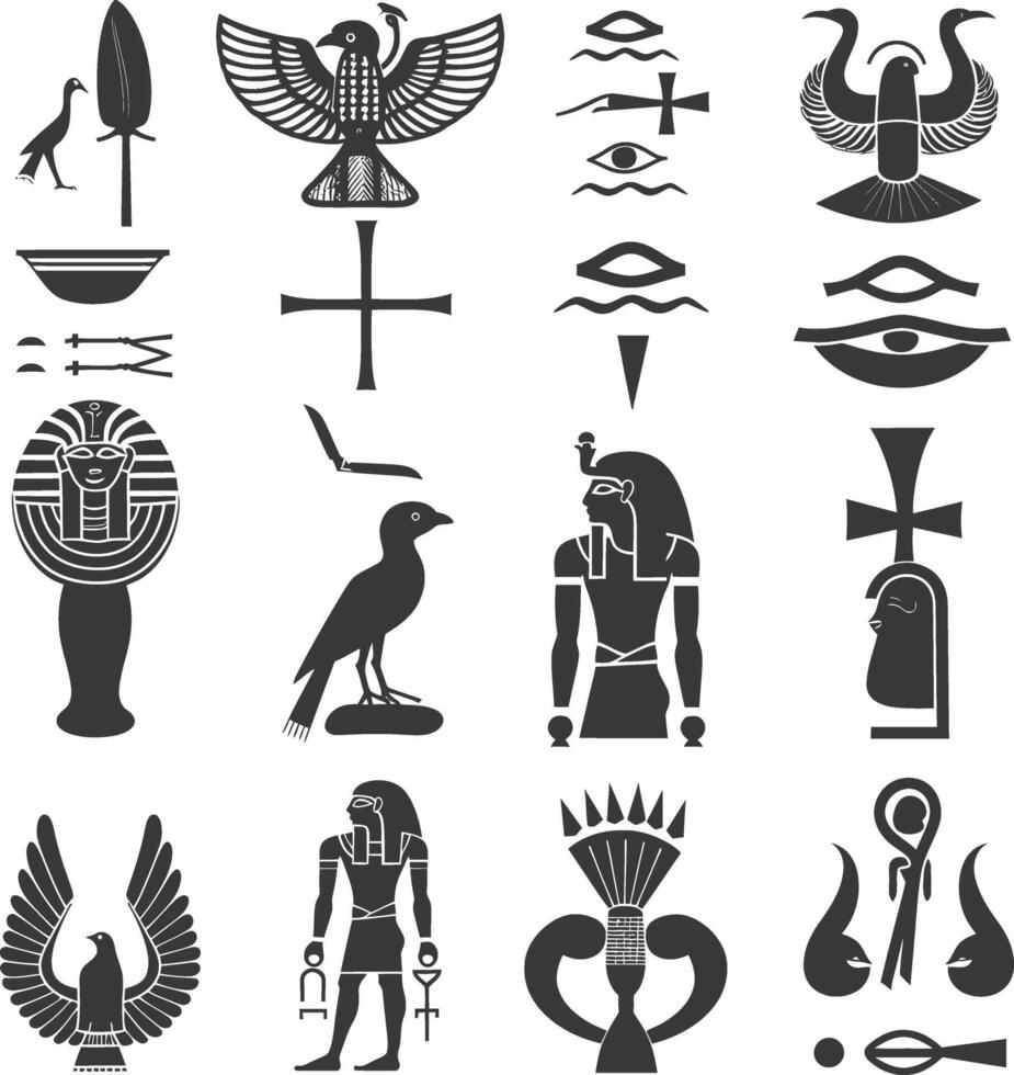 AI generated Silhouette collection of ancient egyptian hieroglyphs symbol logo black color only vector