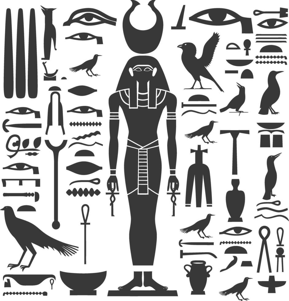 AI generated Silhouette collection of ancient egyptian hieroglyphs symbol logo black color only vector