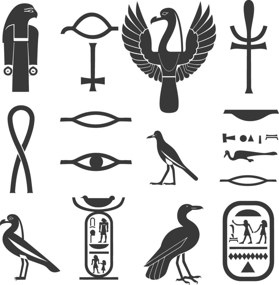 AI generated Silhouette collection of ancient egyptian hieroglyphs symbol logo black color only vector