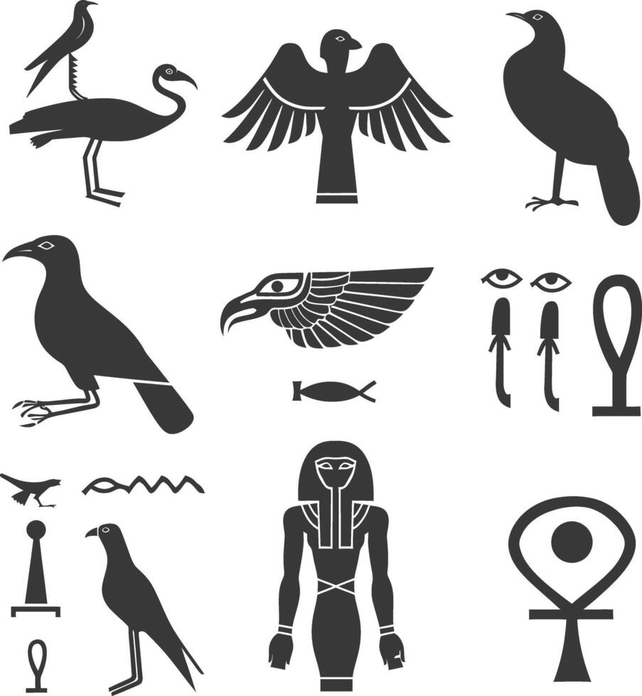 AI generated Silhouette collection of ancient egyptian hieroglyphs symbol logo black color only vector