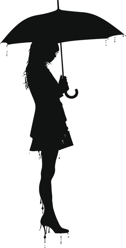 AI generated Silhouette girl with umbrella during drizzle black color only vector