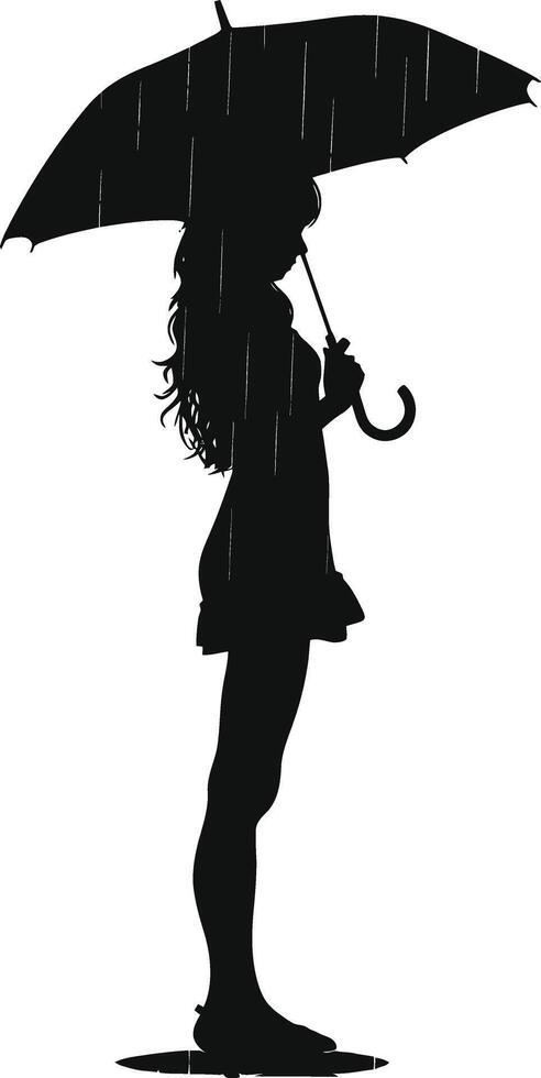 AI generated Silhouette girl with umbrella during drizzle black color only vector