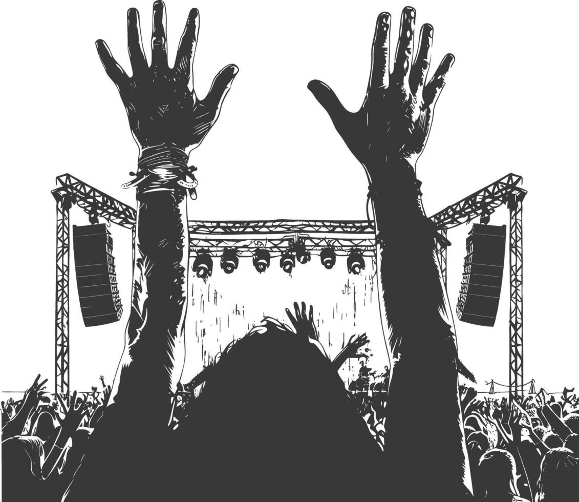 AI generated Silhouette hands raised at a music festival black color only vector