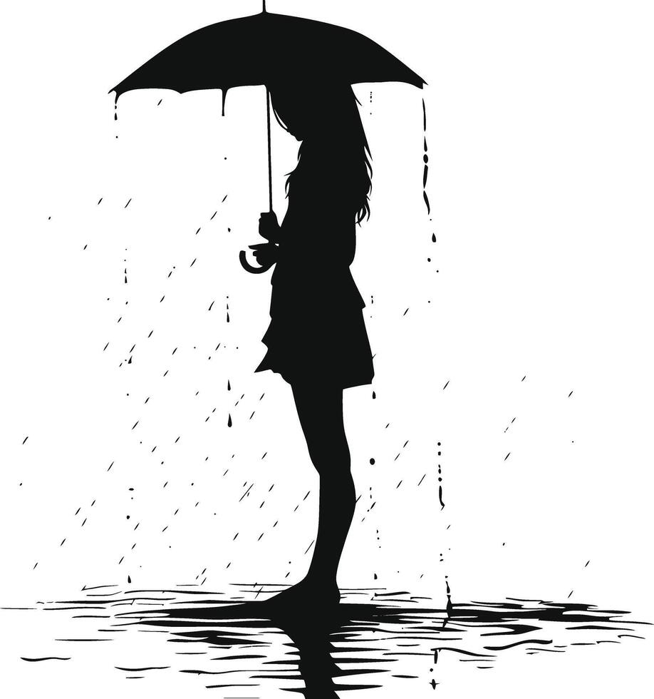 ai generado silueta niña con paraguas durante llovizna negro color solamente vector