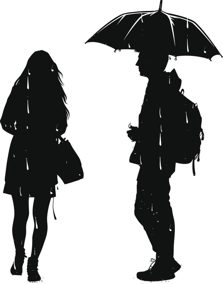 ai generado silueta niña con hombre utilizando paraguas durante llovizna negro color solamente vector