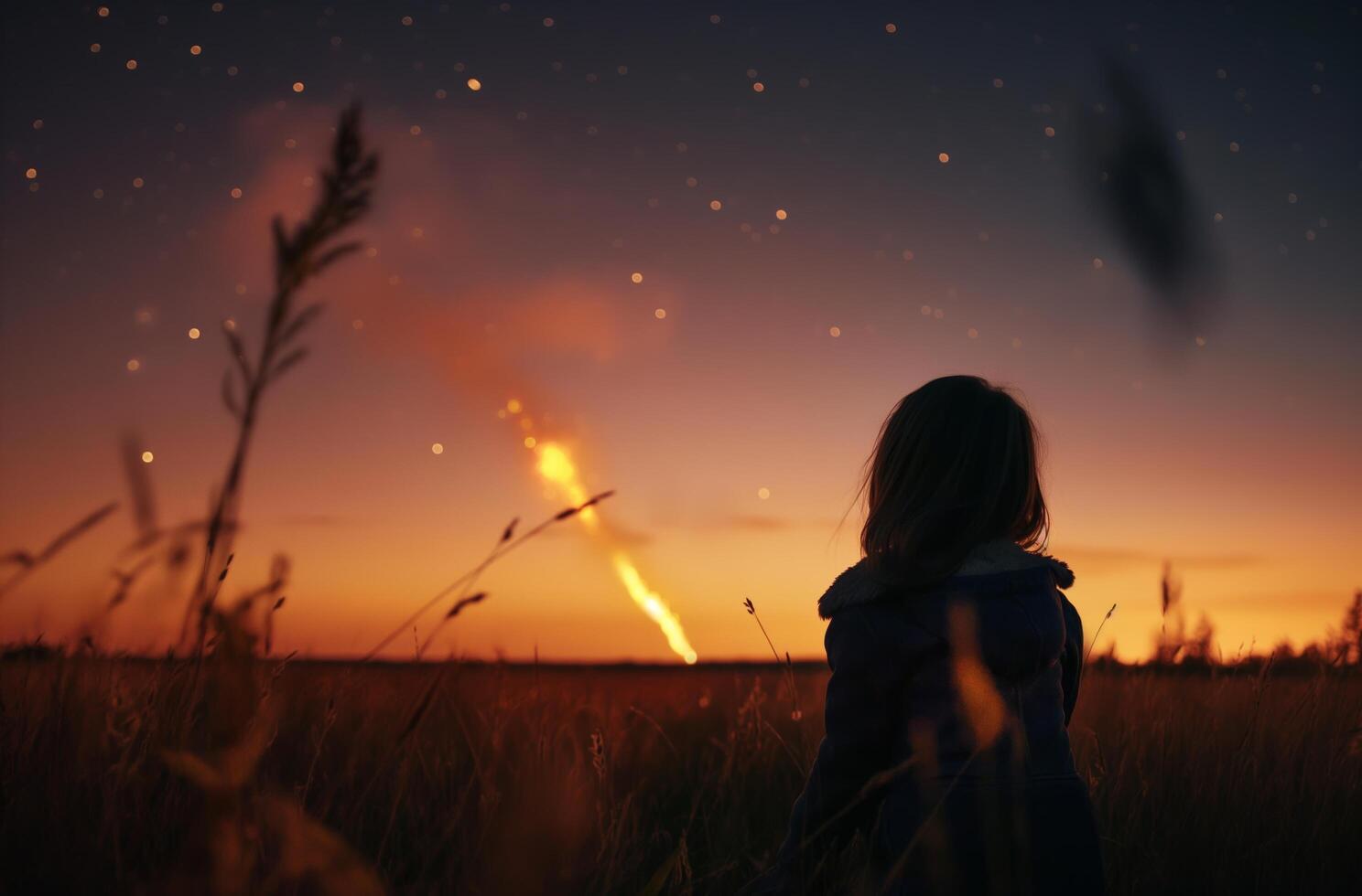 AI generated Child gazes at fiery meteorite photo