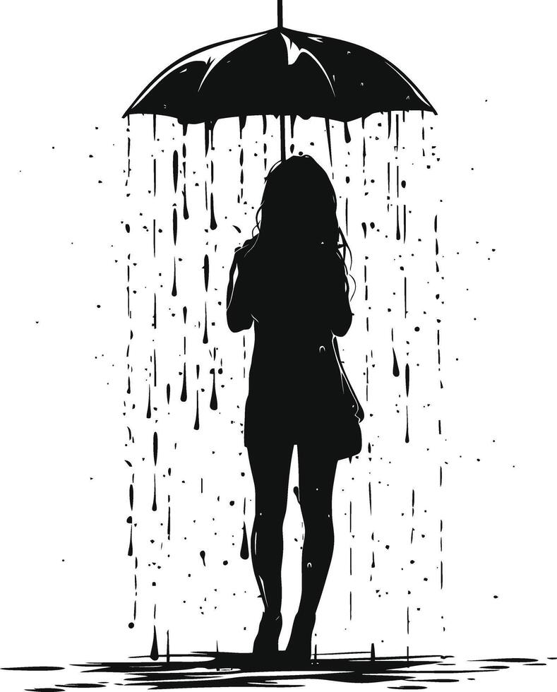 ai generado silueta niña con paraguas durante llovizna negro color solamente vector