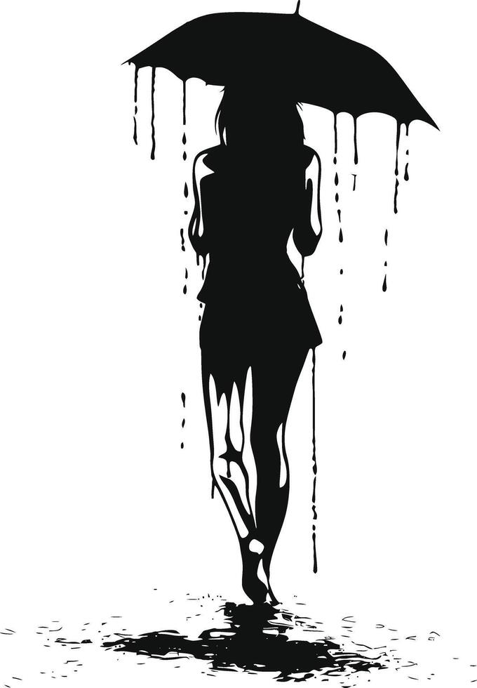 AI generated Silhouette girl with umbrella during drizzle black color only vector