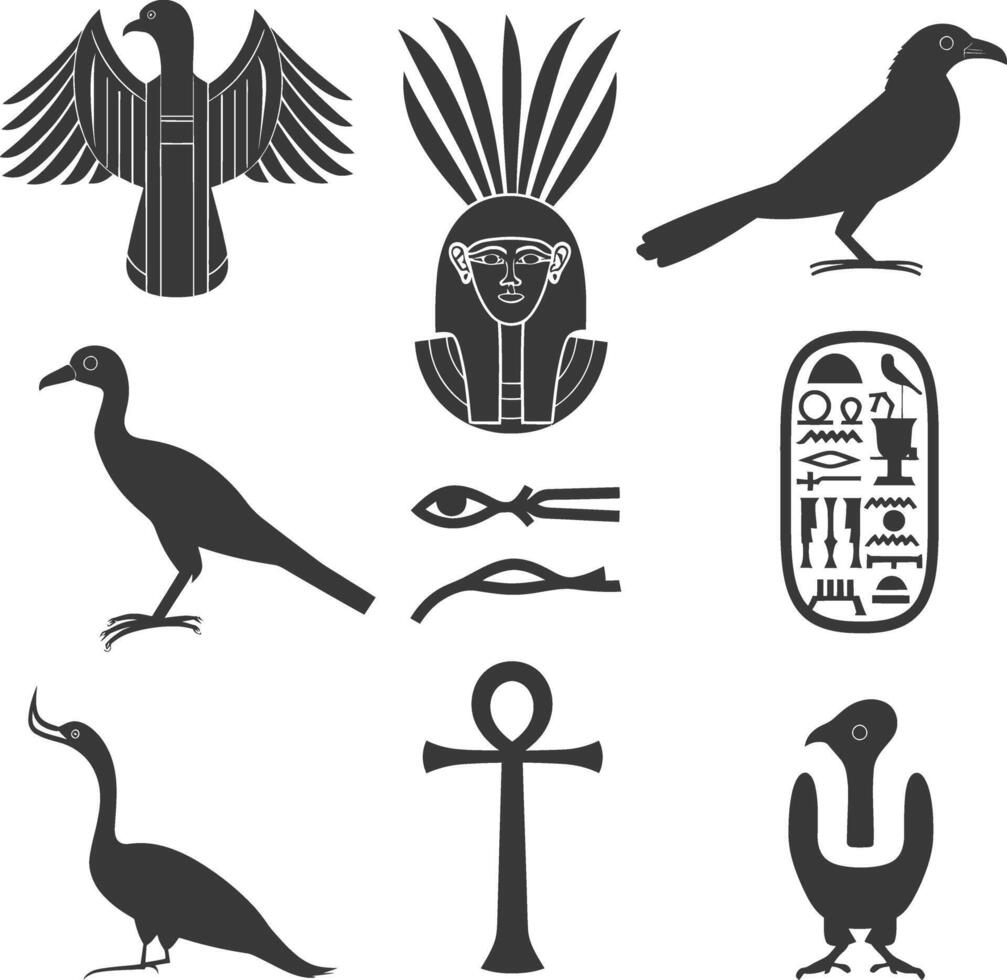 AI generated Silhouette collection of ancient egyptian hieroglyphs symbol logo black color only vector