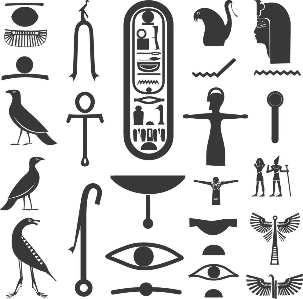 AI generated Silhouette collection of ancient egyptian hieroglyphs symbol logo black color only vector