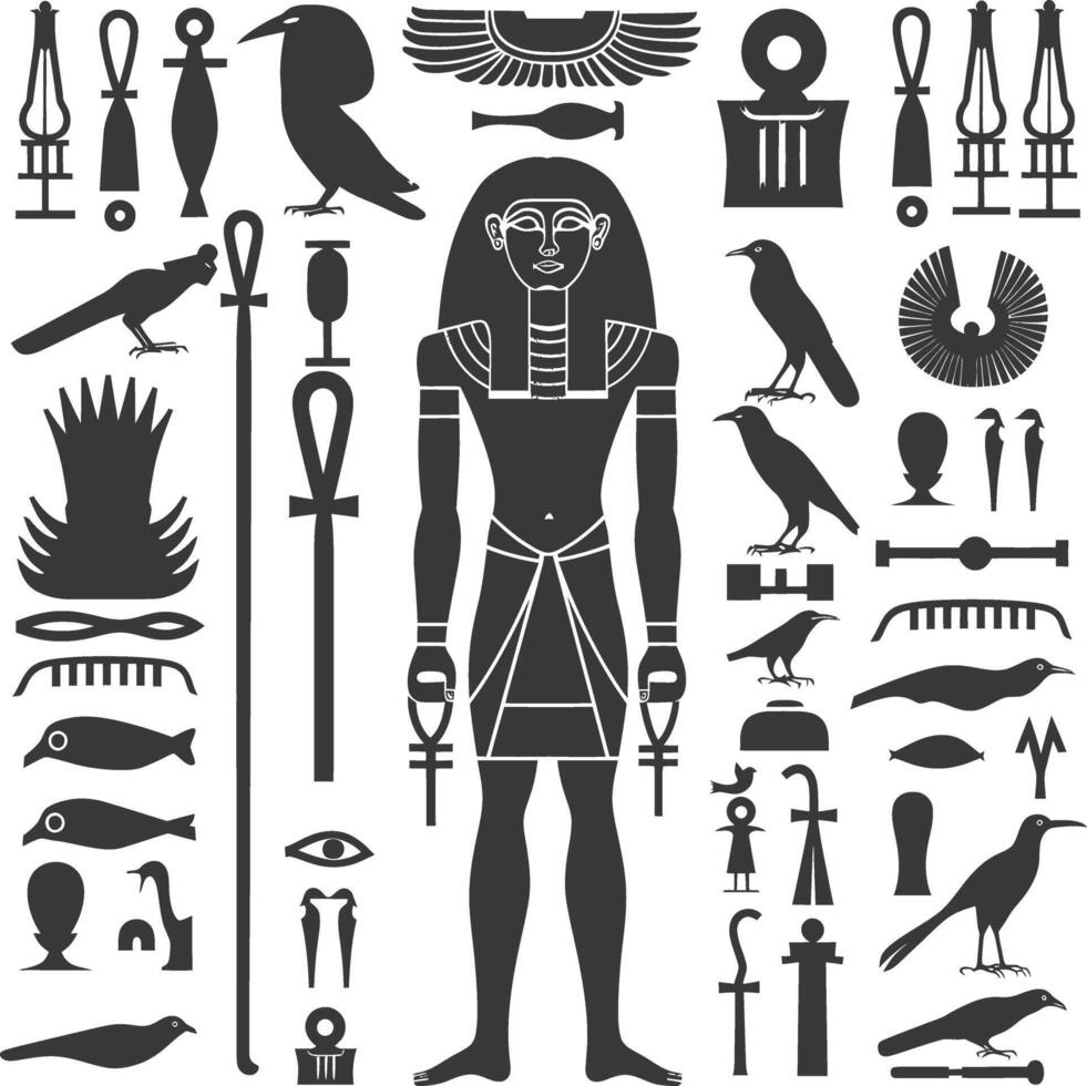 AI generated Silhouette collection of ancient egyptian hieroglyphs symbol logo black color only vector