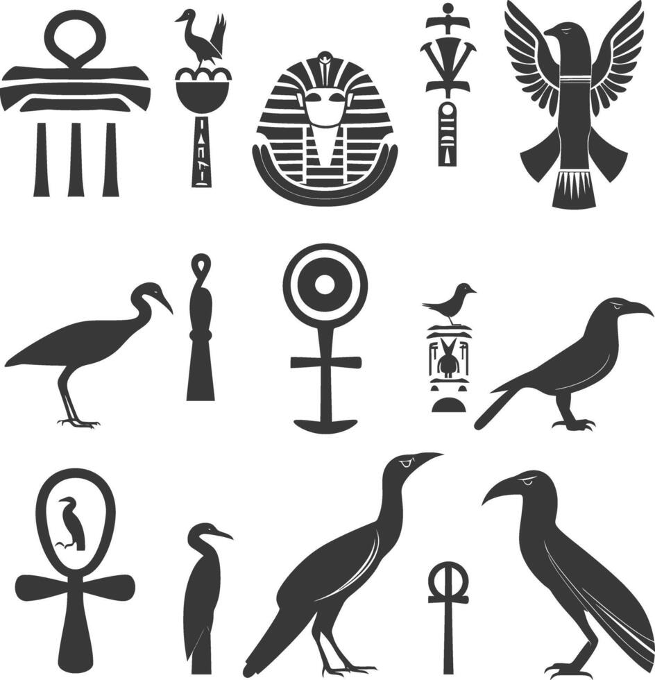 AI generated Silhouette collection of ancient egyptian hieroglyphs symbol logo black color only vector