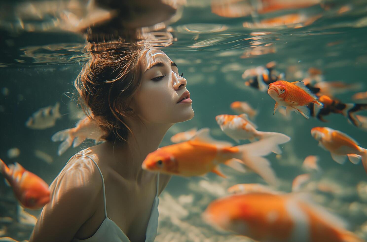 AI generated Woman among koi fish photo